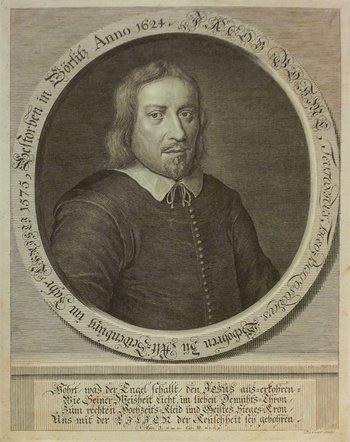 Portraitzeichnung von Jacob Böhme mit Rahmen und Spruch 