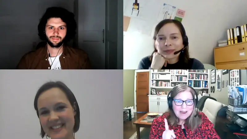 Telefonkonferenz (von links oben im Uhrzeigersinn): Robin Knapp (Medienproduzent), Dr. Katja Lindenau (SKD), Carol Heumann Snider, Melanie Wittchow (Lenbachhaus München)