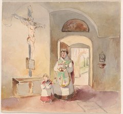 Peter Fendi, Vorhalle einer Kirche mit Kruzifix, Priester und Messknaben