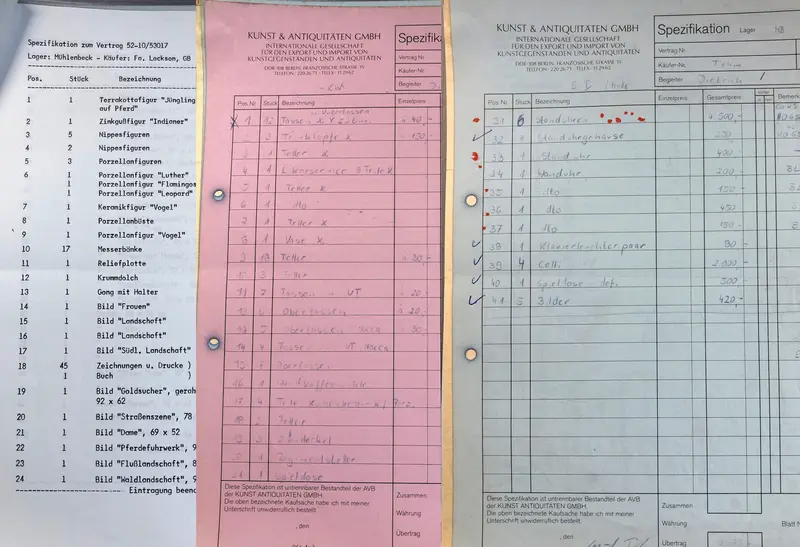 Drei unterschiedliche Listen der Kunst und Antiquitäten GmbH
