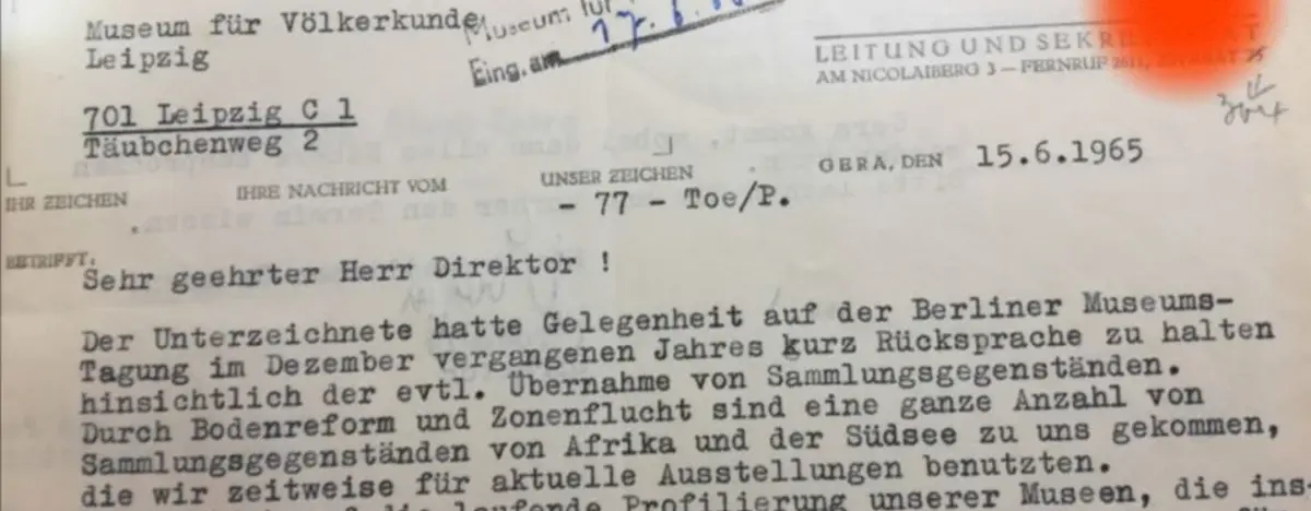 Schreiben der Städtischen Museen Gera an Museum für Völkerkunde Leipzig, Wissenschaftliche Sammlungsdokumentation GRASSI Museum für Völkerkunde zu Leipzig
