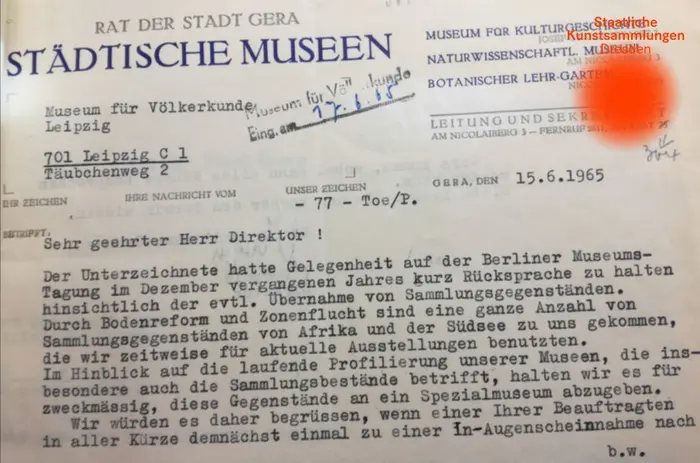 Schreiben der Städtischen Museen Gera an Museum für Völkerkunde Leipzig, Wissenschaftliche Sammlungsdokumentation GRASSI Museum für Völkerkunde zu Leipzig