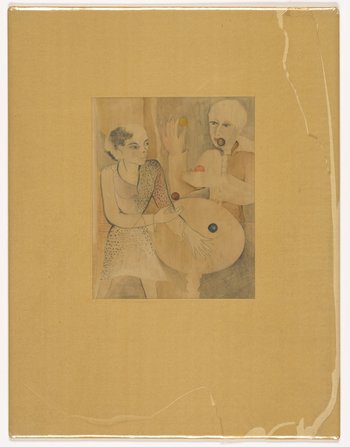 Bild in Wasserfarben eines jonglierenden Mannes und einer jonglierenden Frau