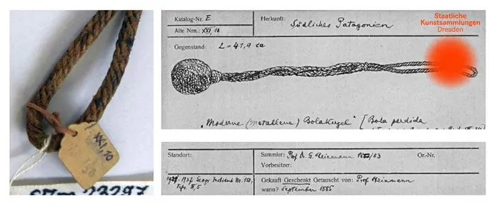 links: Anhänger an SAm 23297 mit römischer Nr. aus der Ethnologischen Sammlung der Universität Jena, rechts: Ausschnitte der Karteikarte von Bernhard Struck zum Objekt, GRASSI Museum für Völkerkunde zu Leipzig